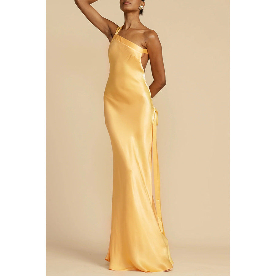 Yellow Satin A-Line Long Dress