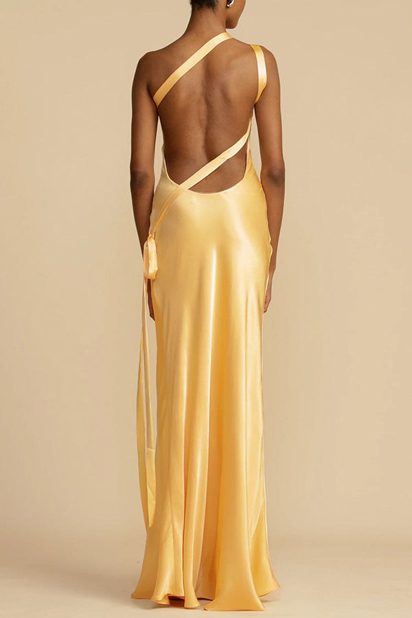 Yellow Satin A-Line Long Dress