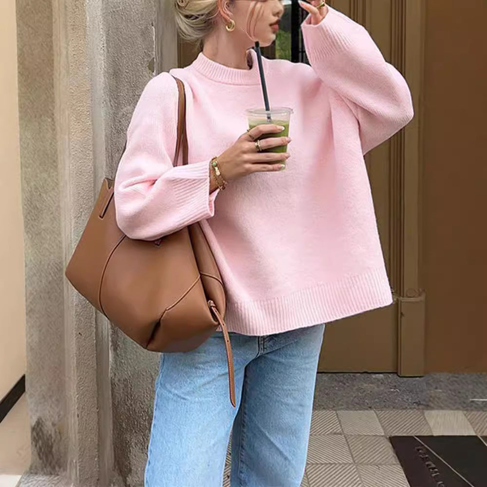 Pink Crew Neck Pullover Sweater