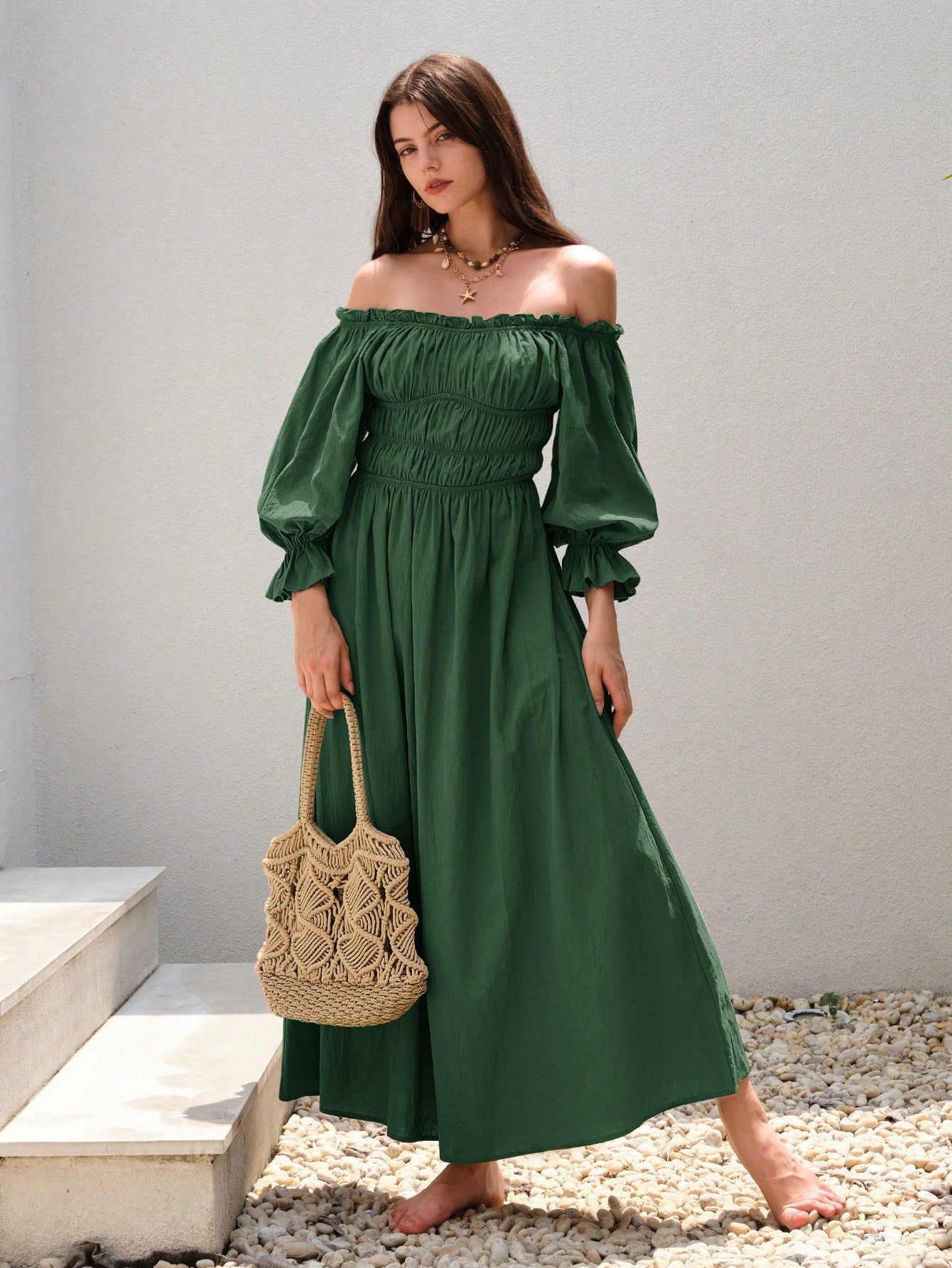 Elegant Dark Green High-Waist Cotton Flounced Skirt Dress