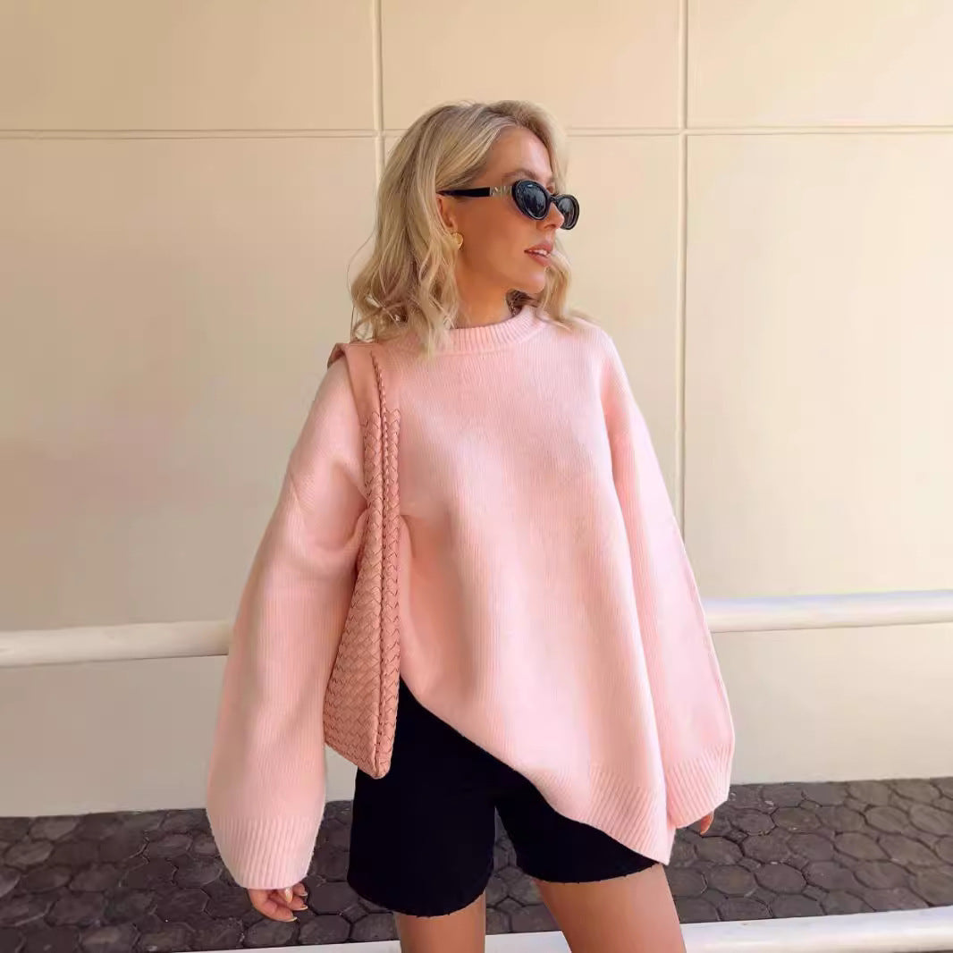 Pink Crew Neck Pullover Sweater