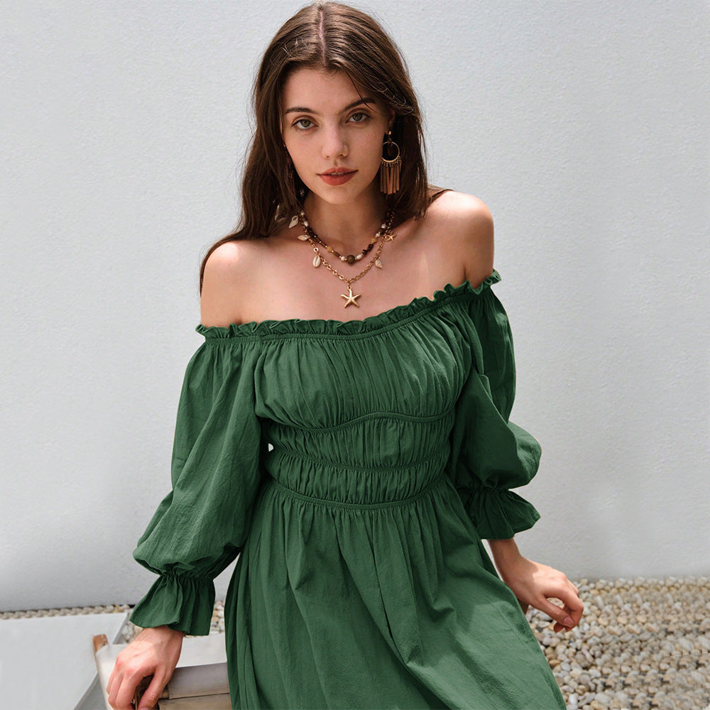 Elegant Dark Green High-Waist Cotton Flounced Skirt Dress