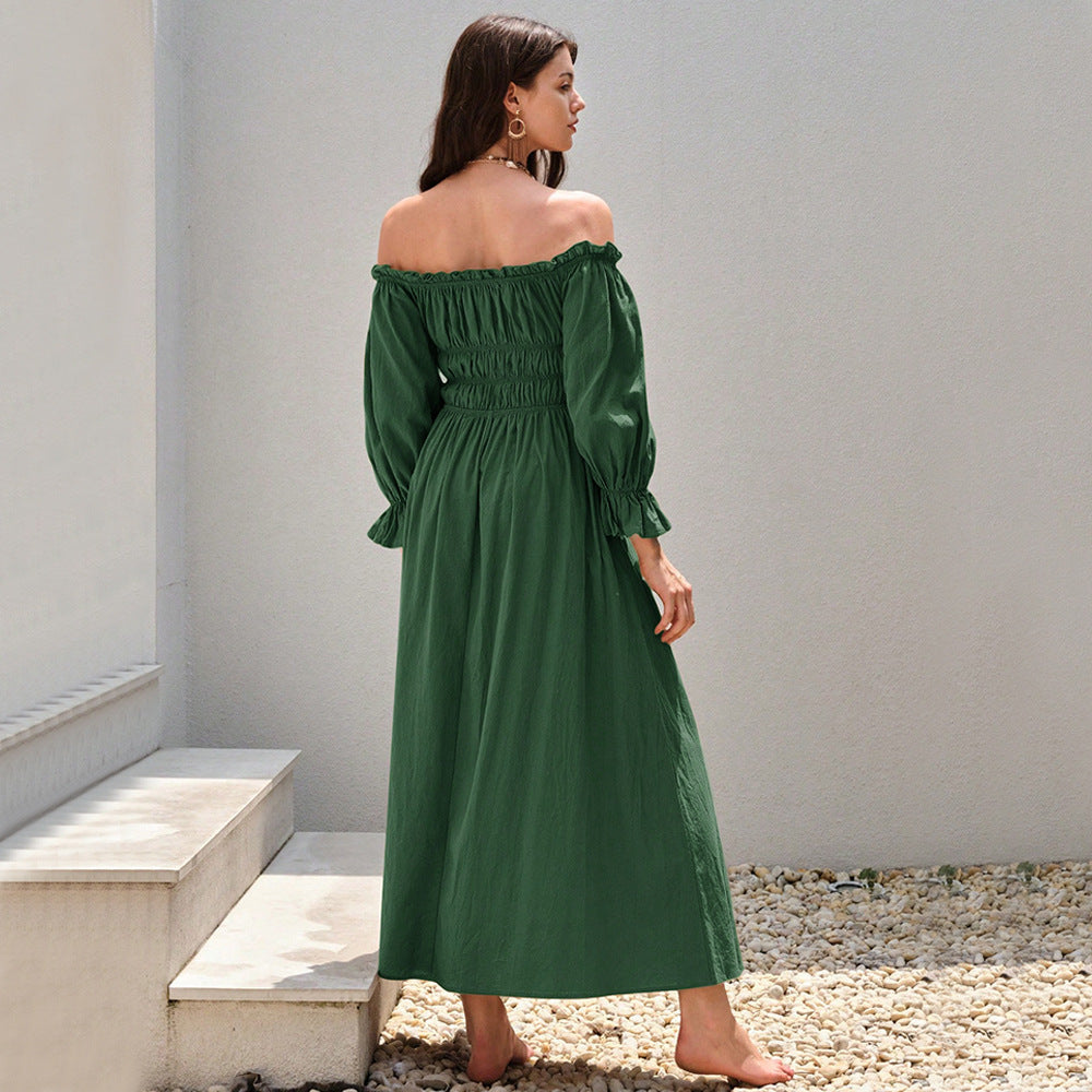 Elegant Dark Green High-Waist Cotton Flounced Skirt Dress