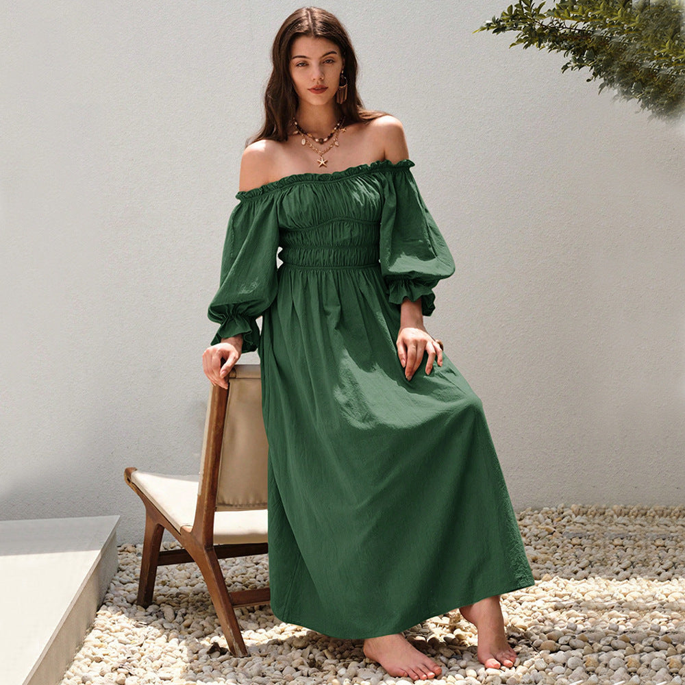 Elegant Dark Green High-Waist Cotton Flounced Skirt Dress