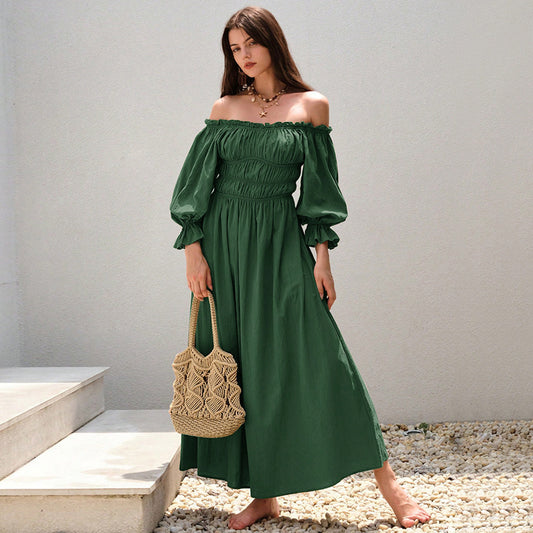 Elegant Dark Green High-Waist Cotton Flounced Skirt Dress