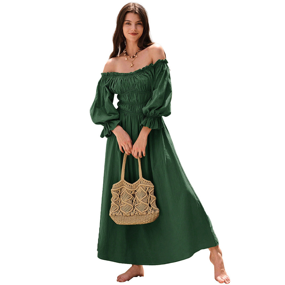 Elegant Dark Green High-Waist Cotton Flounced Skirt Dress